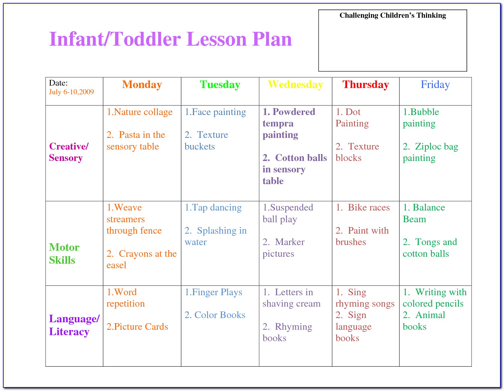 Creative Curriculum Infant Toddler Lesson Plan Template