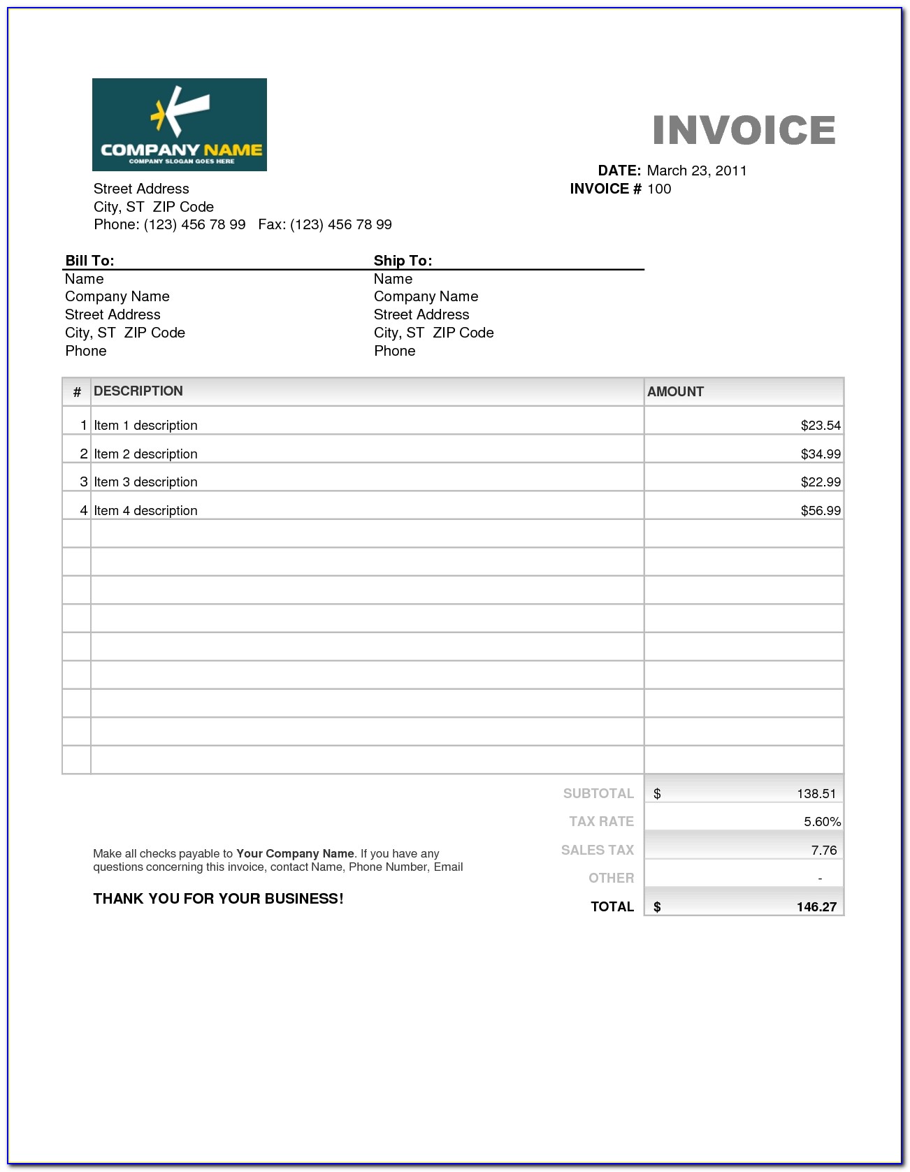 Free Invoice Template Word 2010