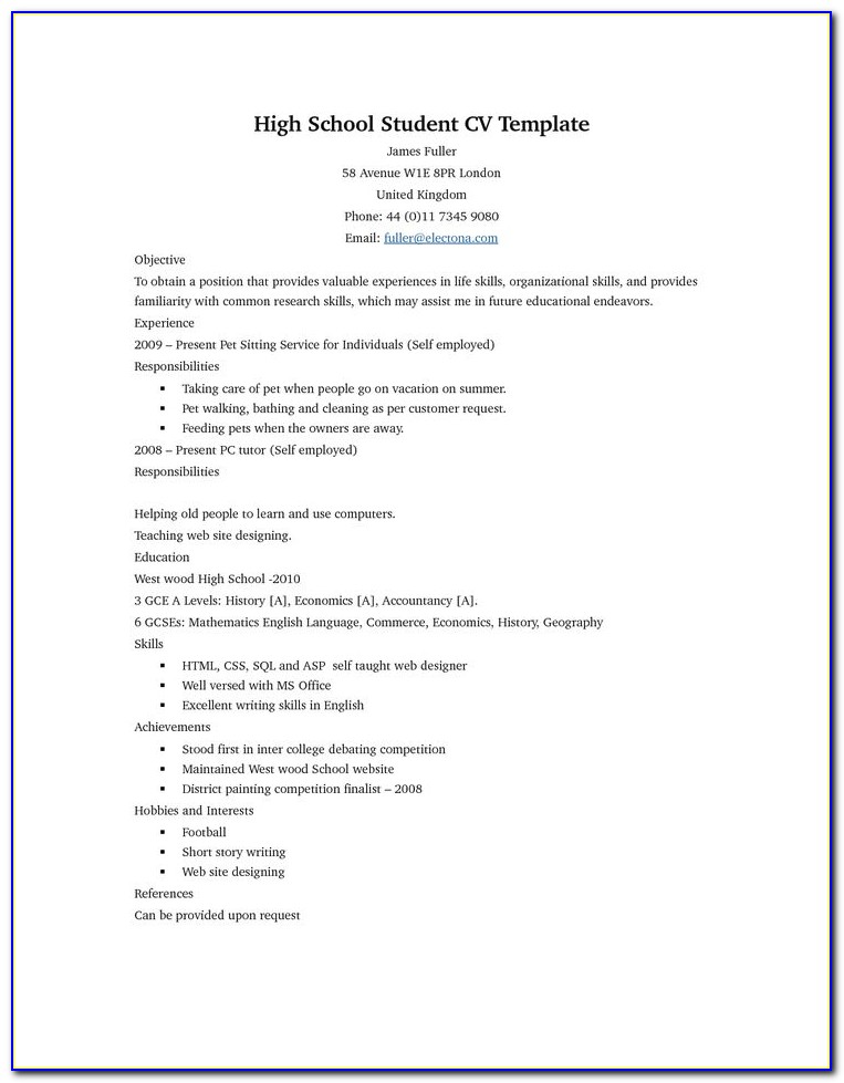 High School Resume Template For College