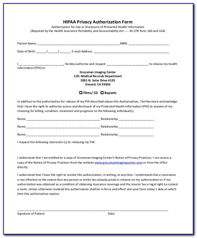 Hipaa Authorization Form Example