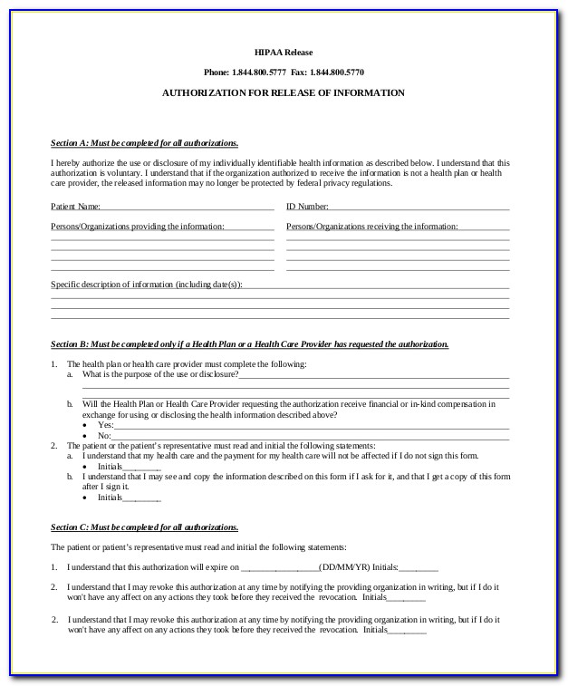 Hipaa Authorization To Release Medical Information Form Template
