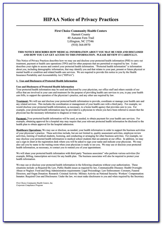 Hipaa Notice Of Privacy Practices 2018 Template