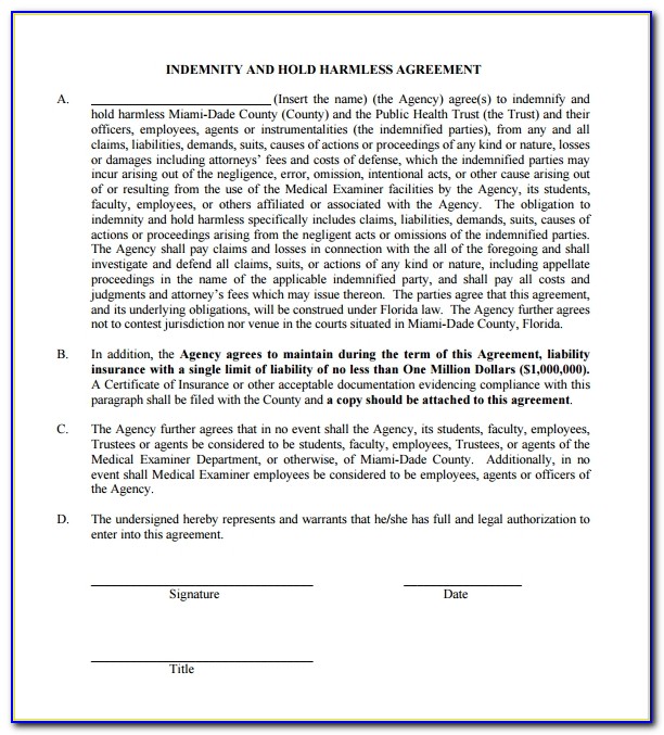 Hold Harmless Agreement Template For Sports
