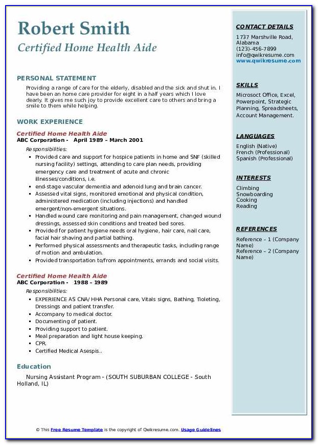 Home Health Aide Resume Summary Sample