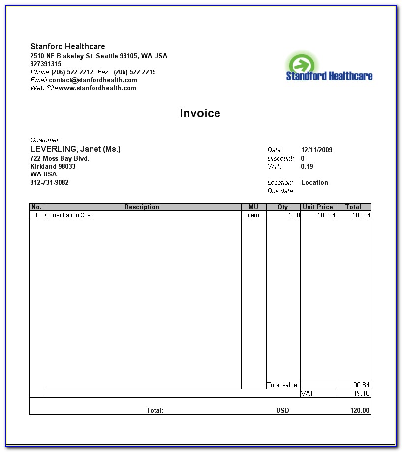 Hospital Invoice Template Word