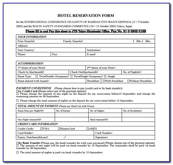 Hotel Reservation Form Template Word