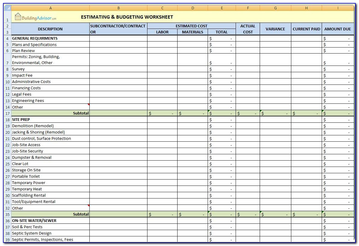 House Construction Budget Template Excel