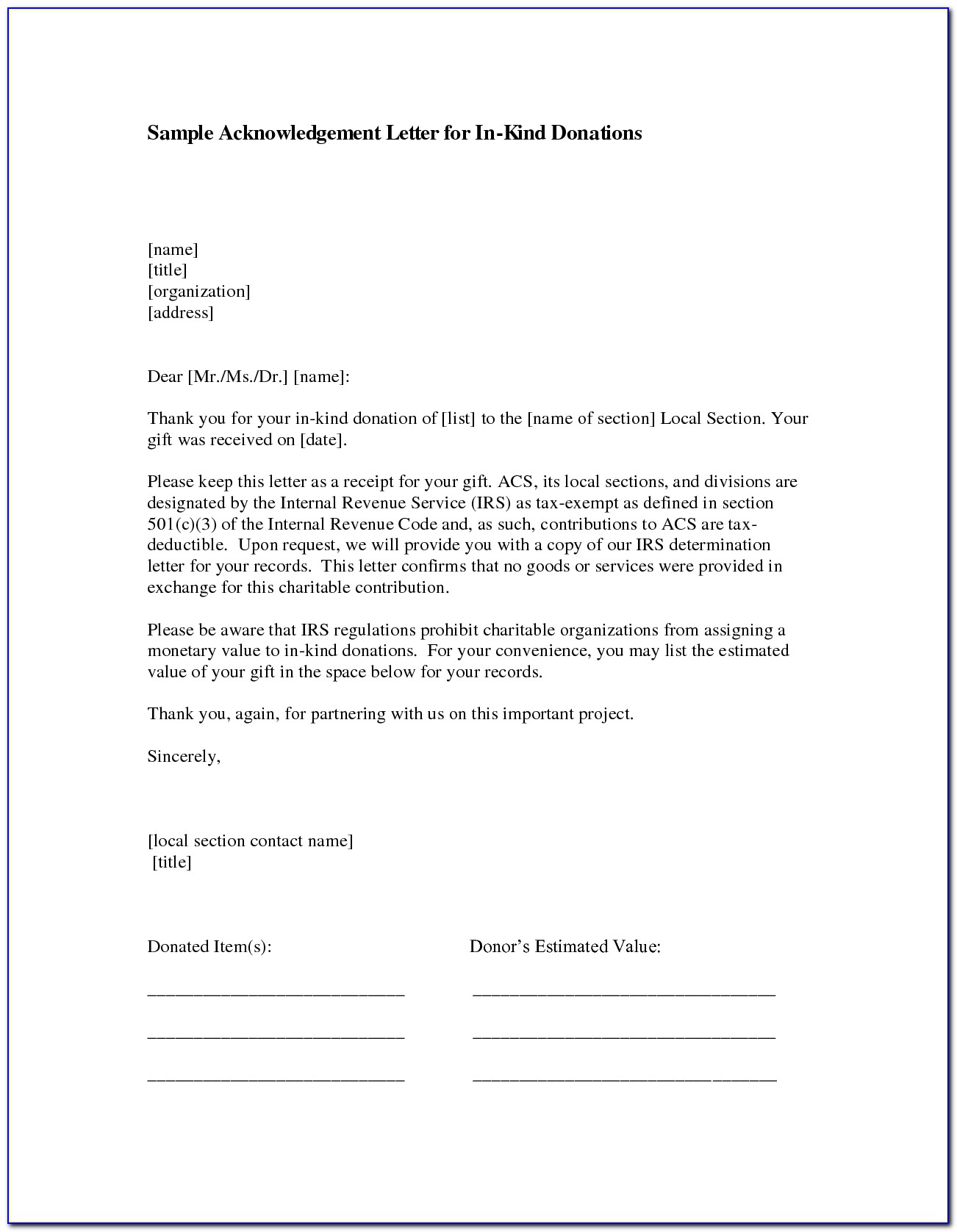 In Kind Donation Acknowledgement Letter Template