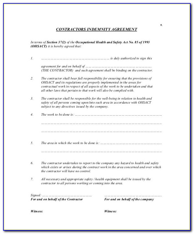 Indemnity Agreement Free Sample