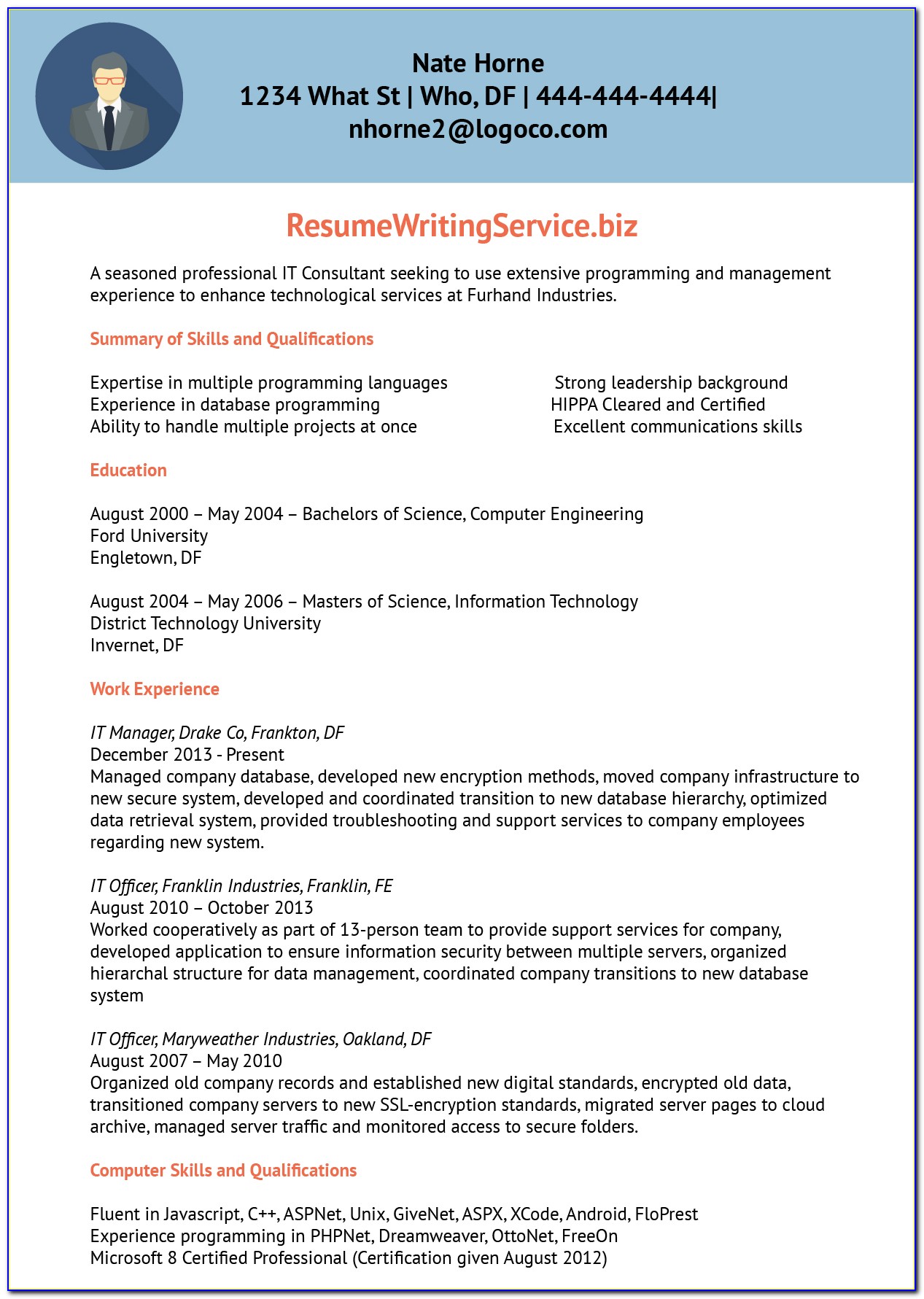 Information Technology Resume Template Free Download
