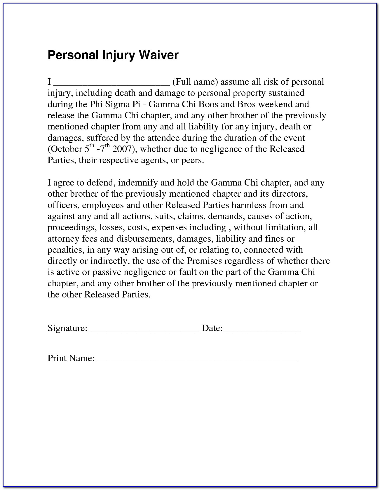 Injury Release Form Template