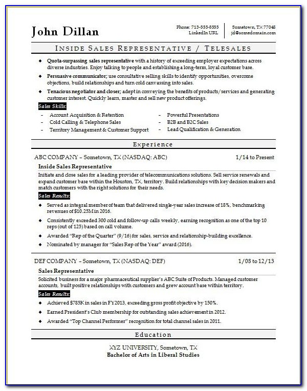 Inside Sales Consultant Job Description Resume