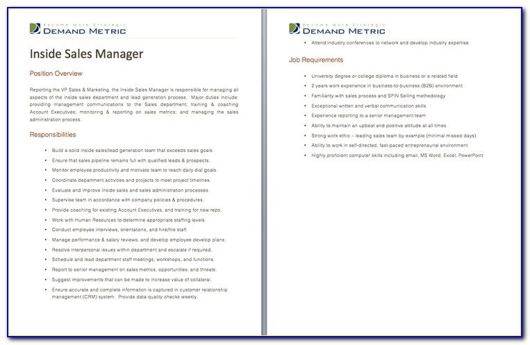 Inside Sales Manager Job Description Example