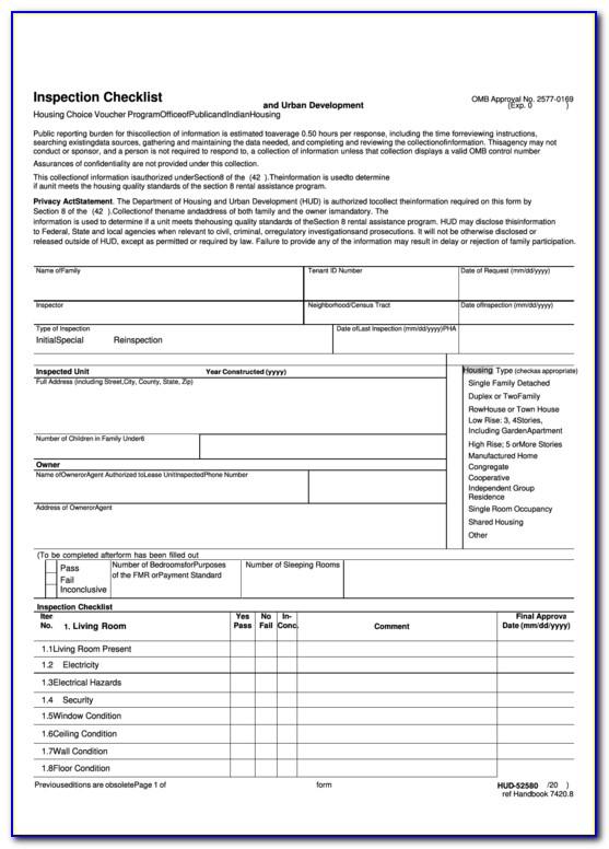 Inspection Checklist Form Hud 52580 A