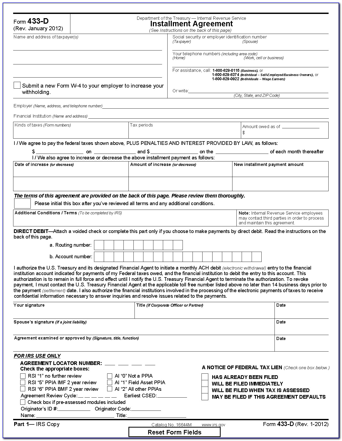 Installment Agreement Form 433 D