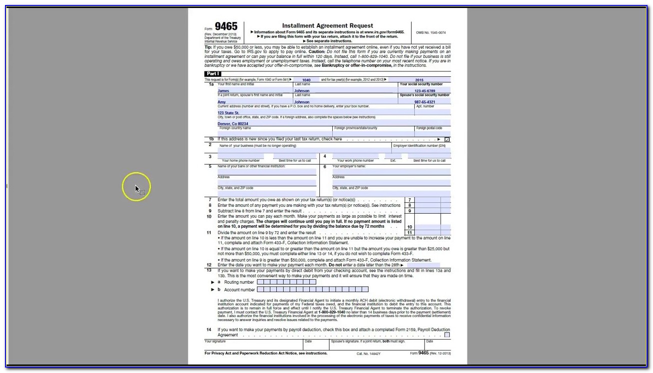 Installment Agreement Request Form 9465 Irs