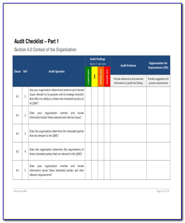 Internal Audit Checklist Form
