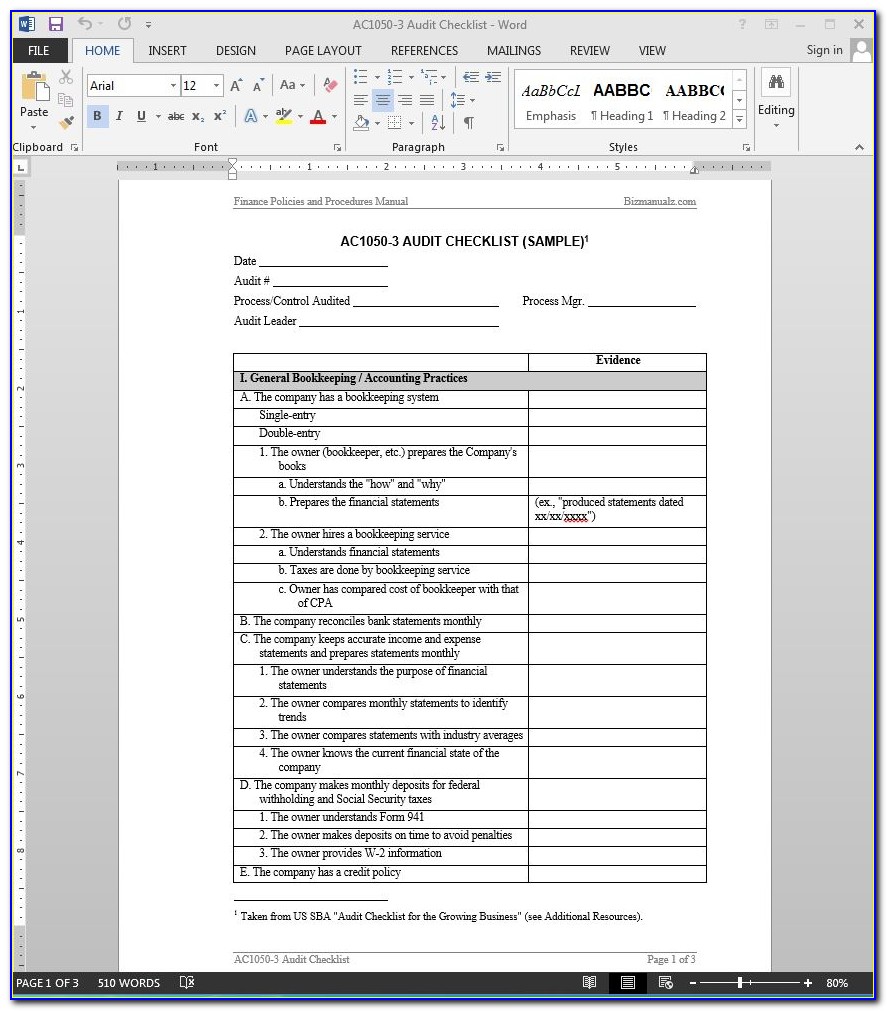Internal Audit Checklist Format For Manufacturing Company