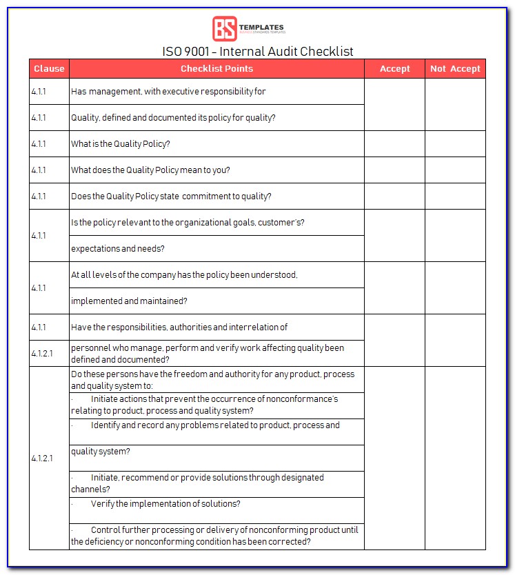 Internal Audit Checklist Format In Excel