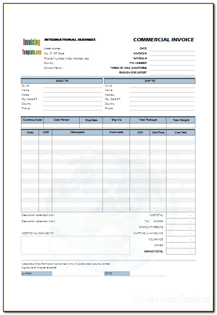 International Shipping Commercial Invoice Template Excel