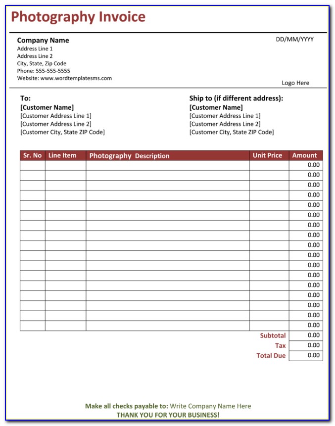Invoice Template Photography Free