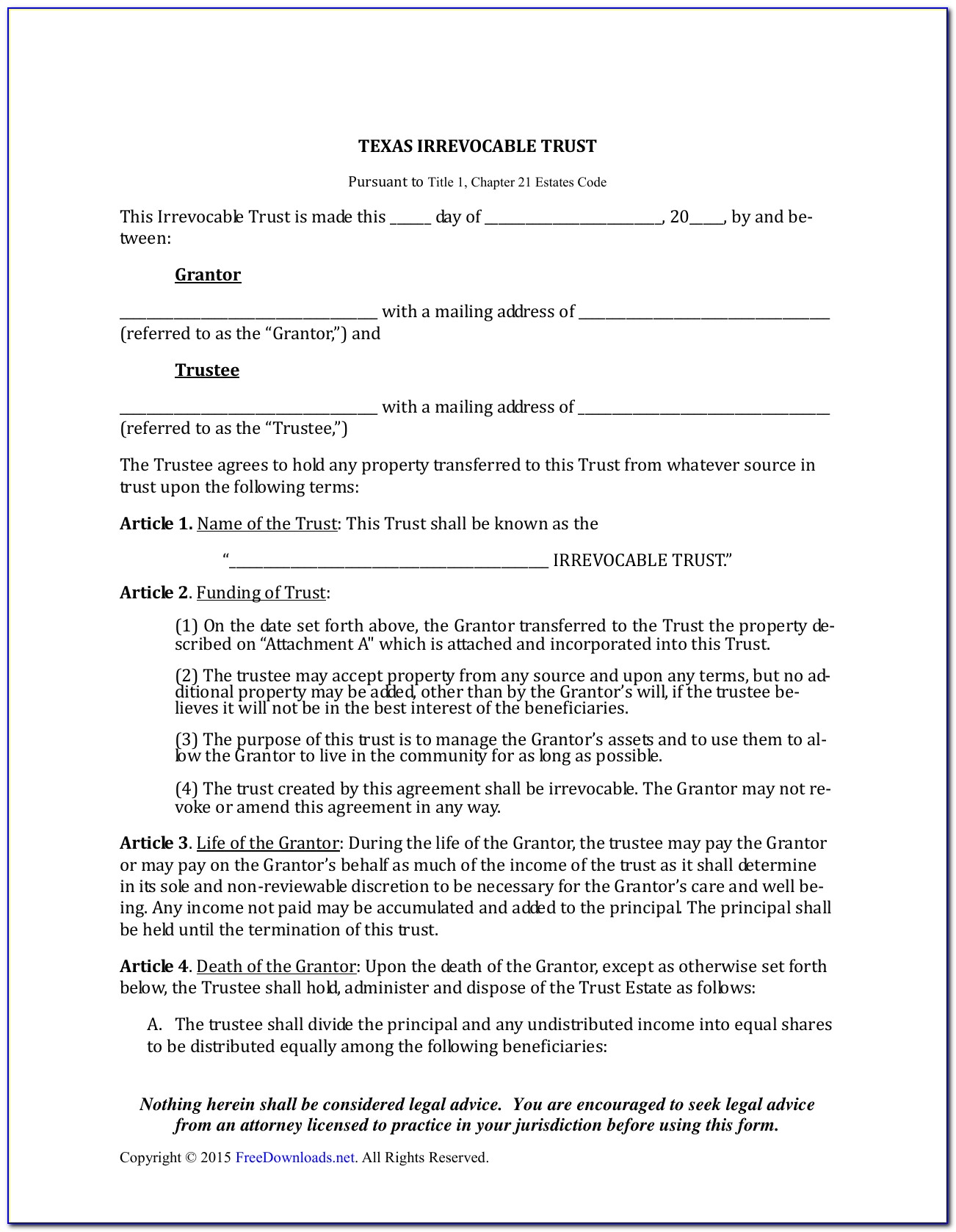 Irrevocable Living Trust Agreement