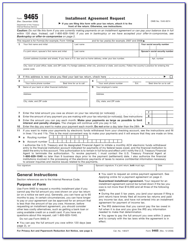 Irs Form 9465 Installment Agreement Request Instructions