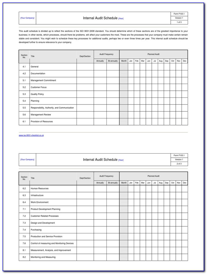 Iso 9001 Audit Schedule Example