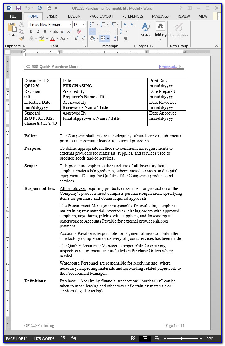 Iso 9001 Quality Manual Template Sample