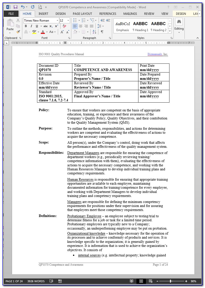 Iso Standard Operating Procedure Template Package