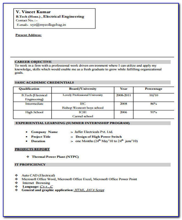 Iti Electrician Resume Format Free Download
