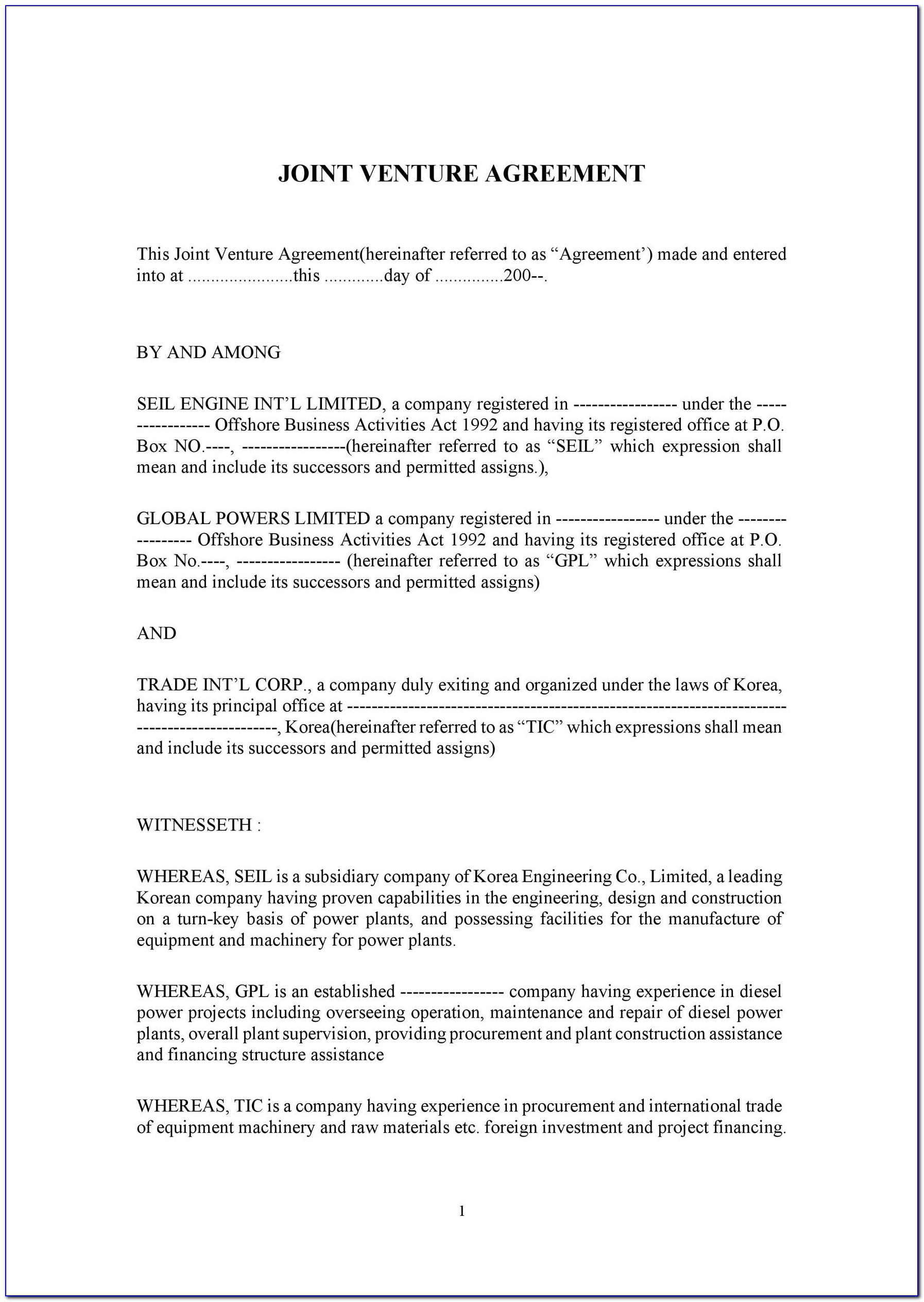 Joint Venture Contract Template Free