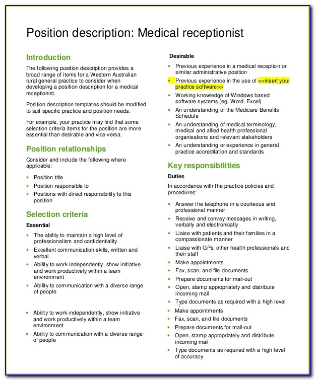 Medical Receptionist Job Description Resume
