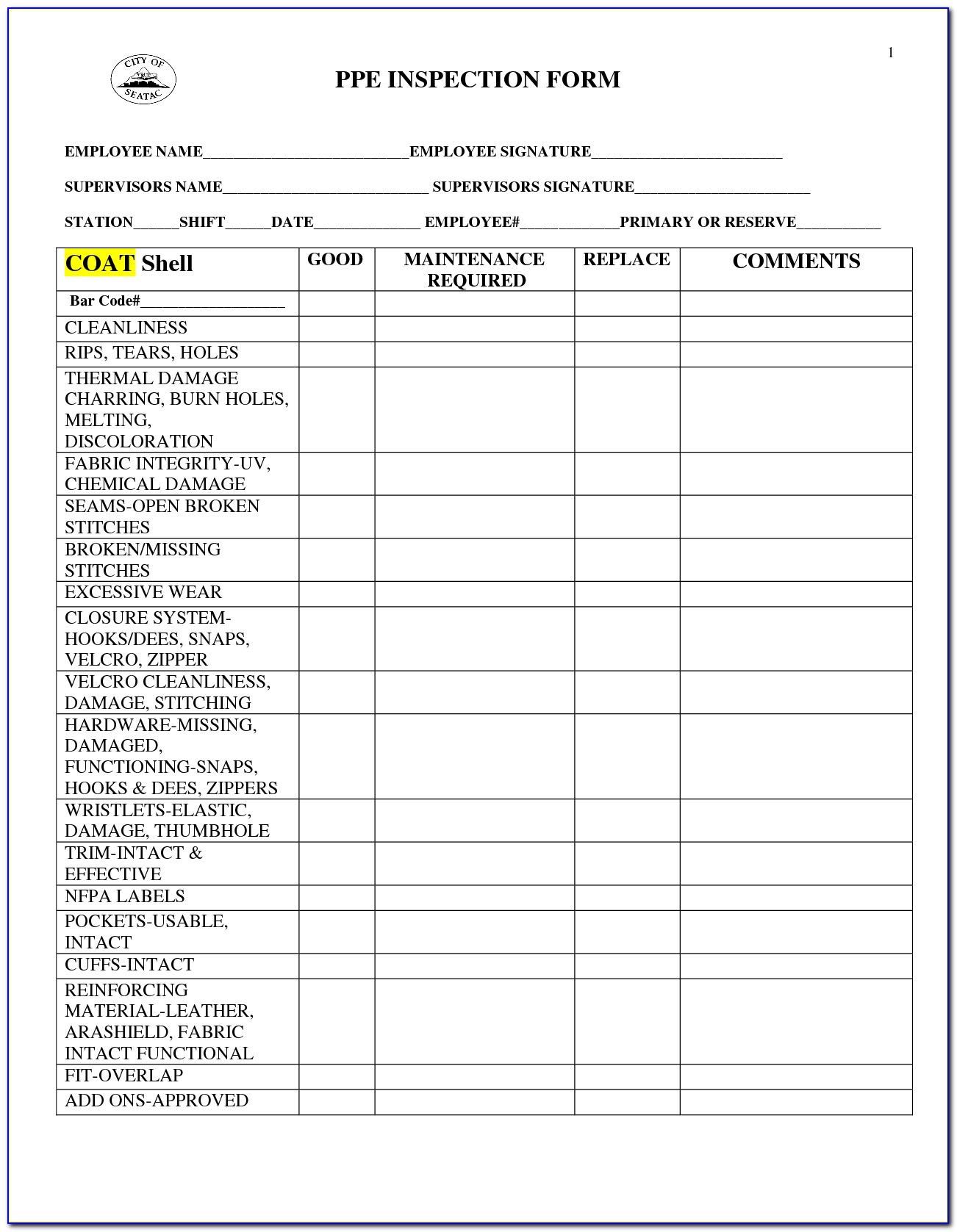 Tool Inspection Checklist Template Excel