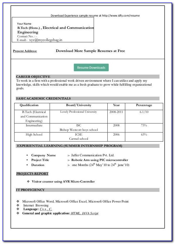 Bca Fresher Resume Template Download