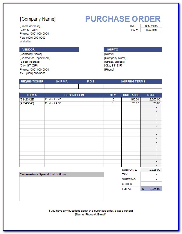Free Purchase Order Sample Excel