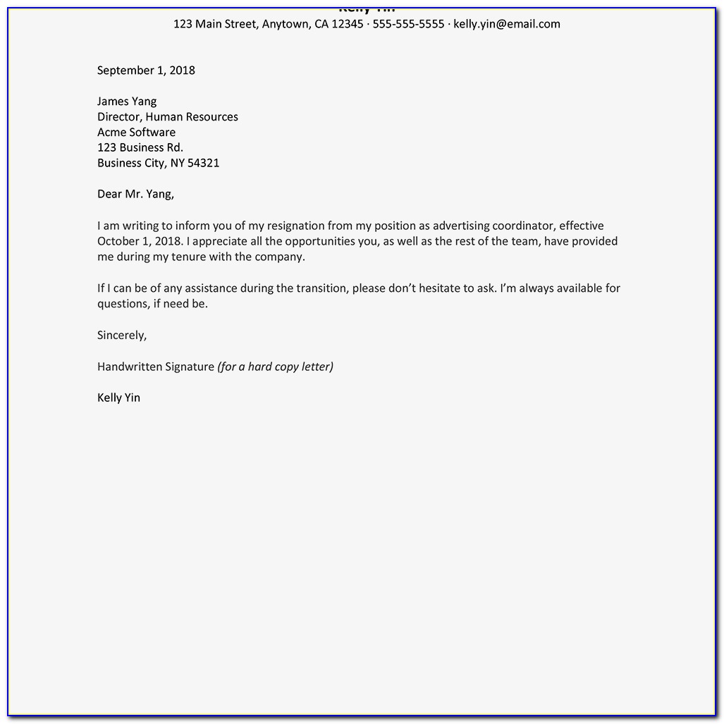Free Resignation Letter Sample 2 Weeks Notice