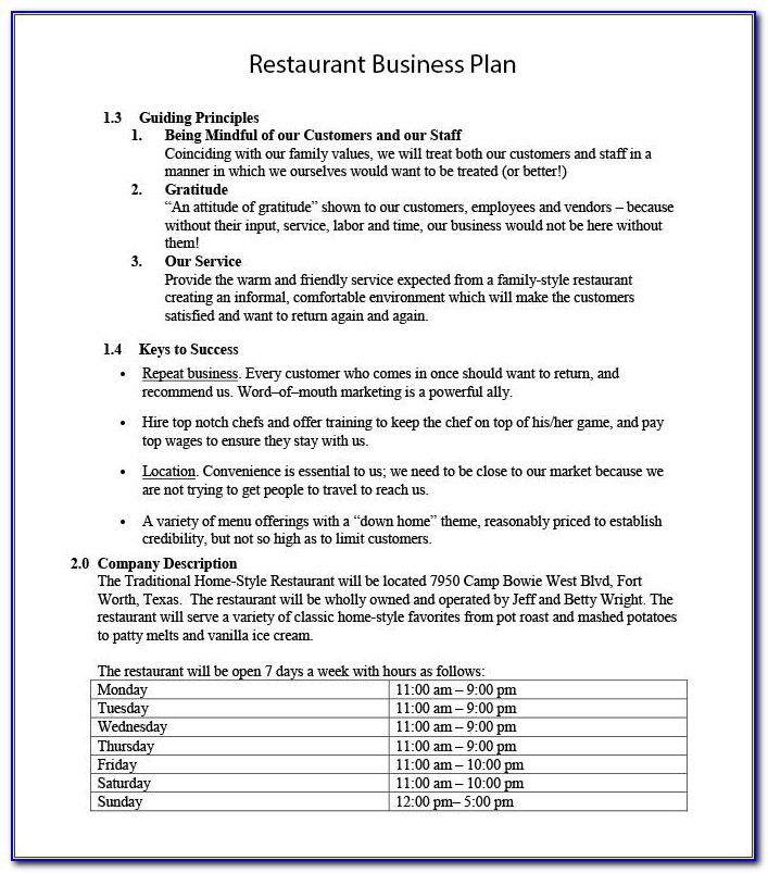 Free Restaurant Business Plan Template Word
