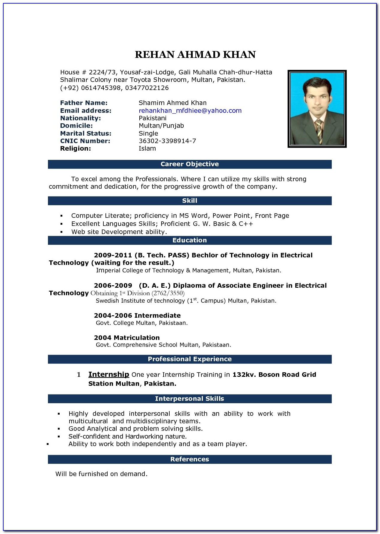 Free Resume Format For Teachers In India
