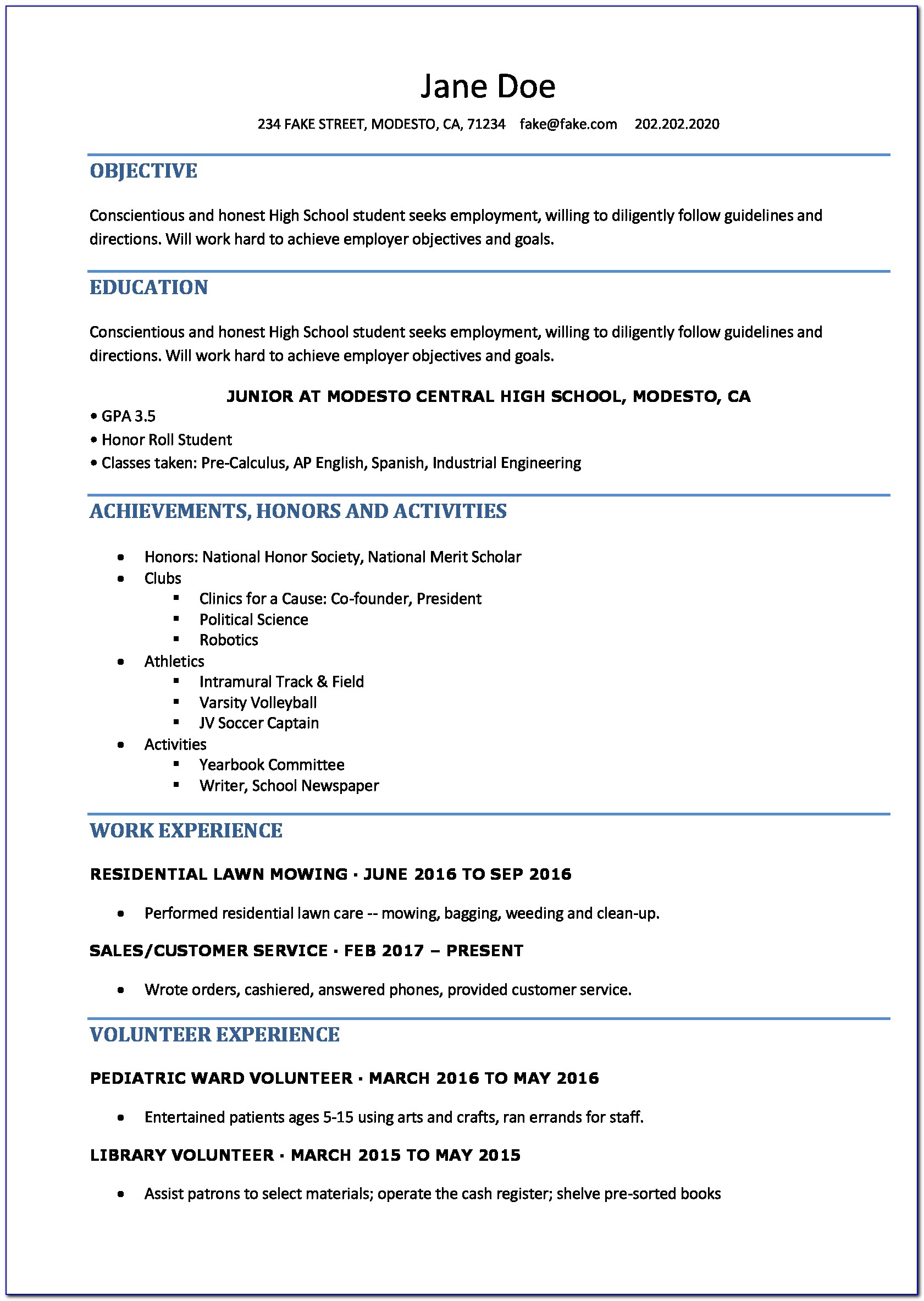 Free Resume Samples For Highschool Students