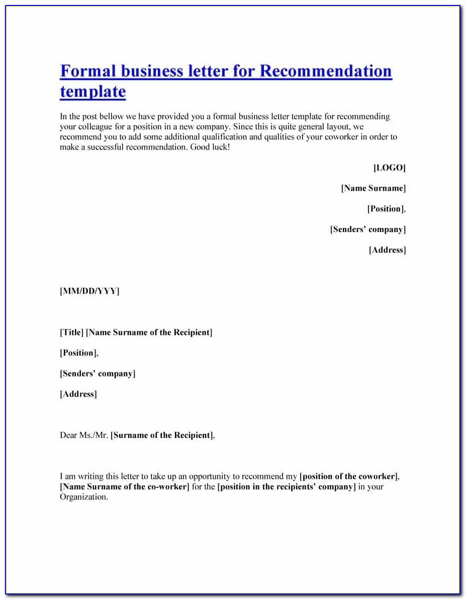 Free Template For Recommendation Letter