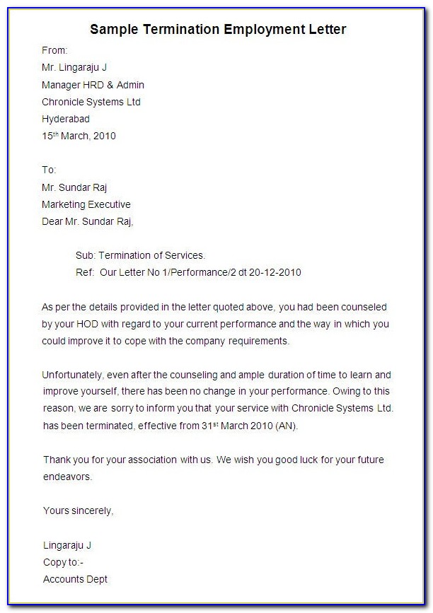 Free Termination Of Employment Letter Template
