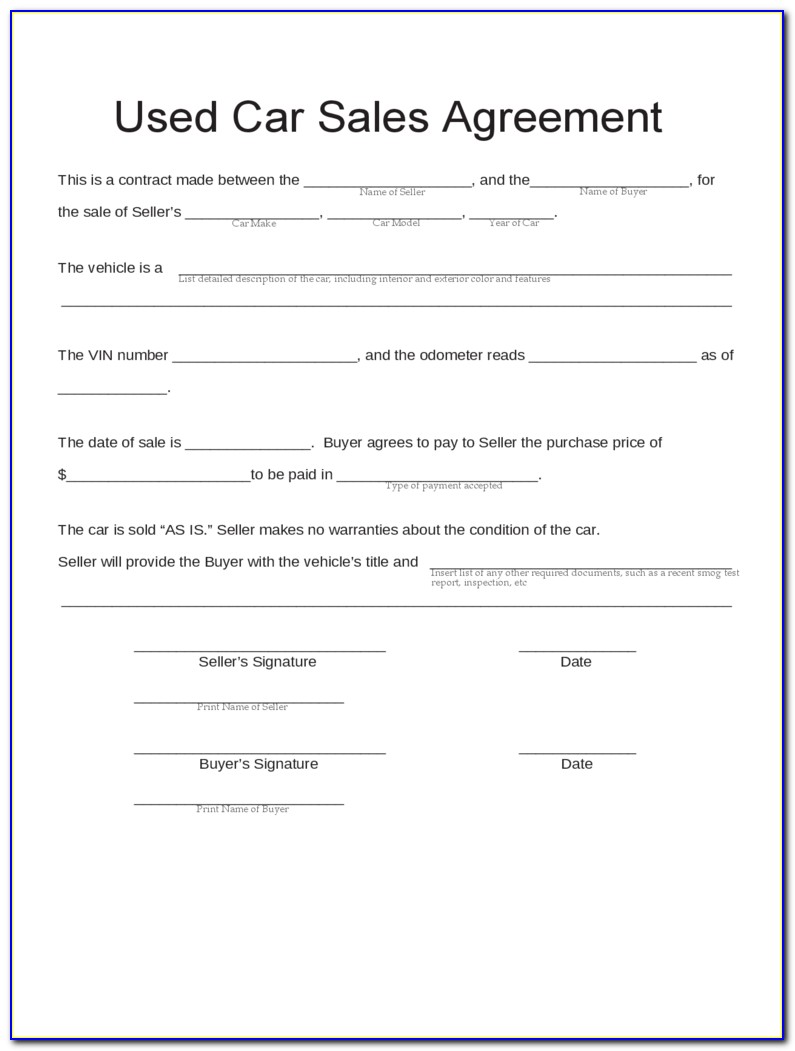 Free Used Car Sales Agreement Form