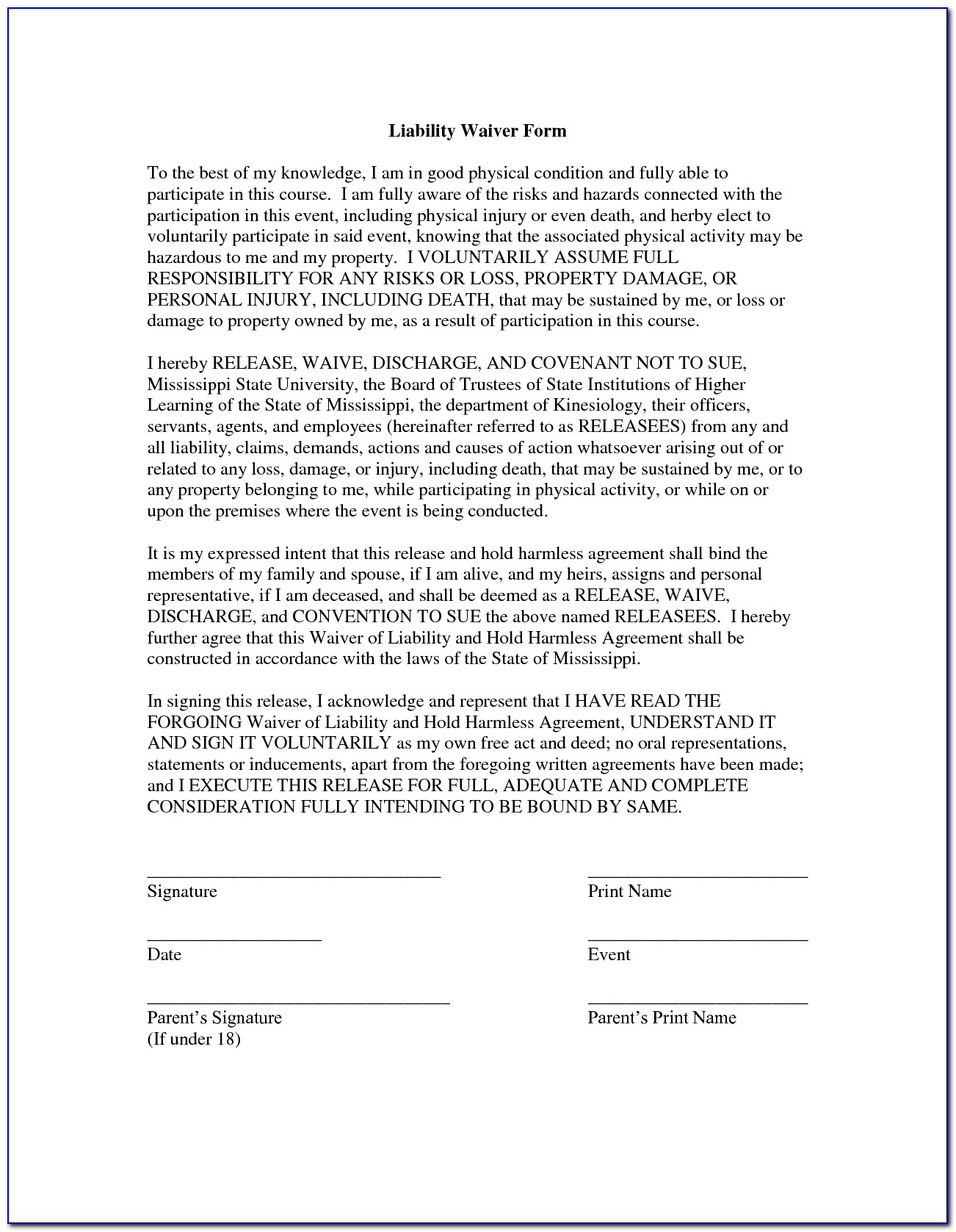 Free Waiver Of Liability Form Template