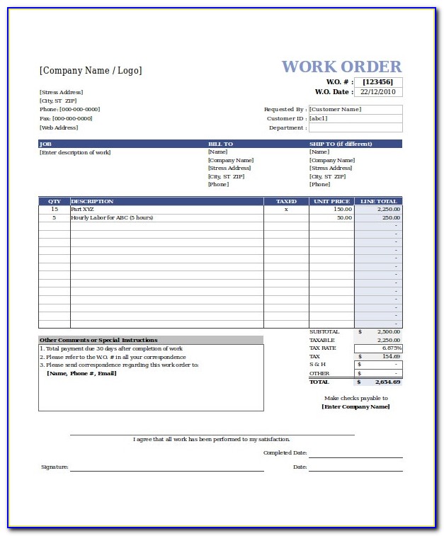 Free Work Order Templates Excel