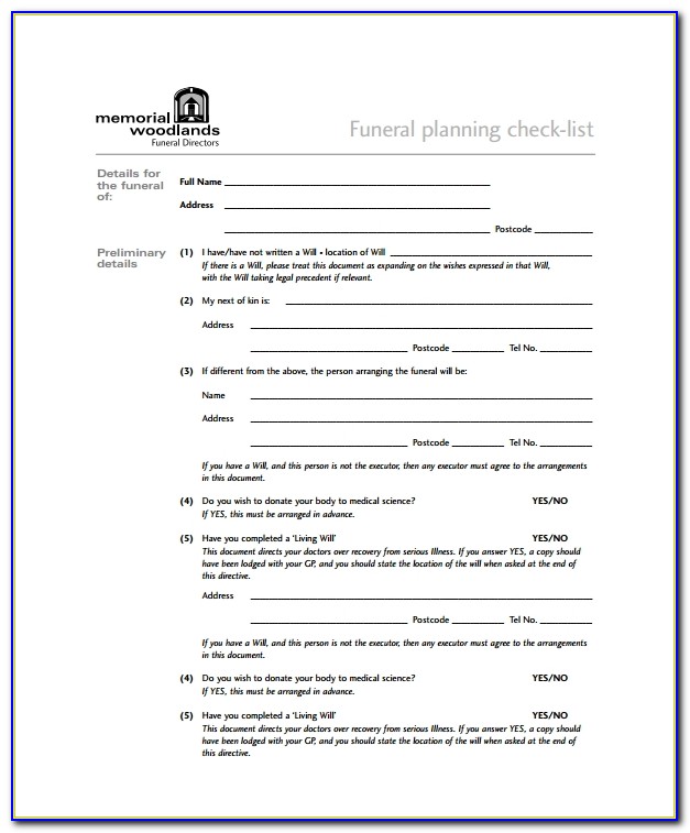 Funeral Planning Checklist Form