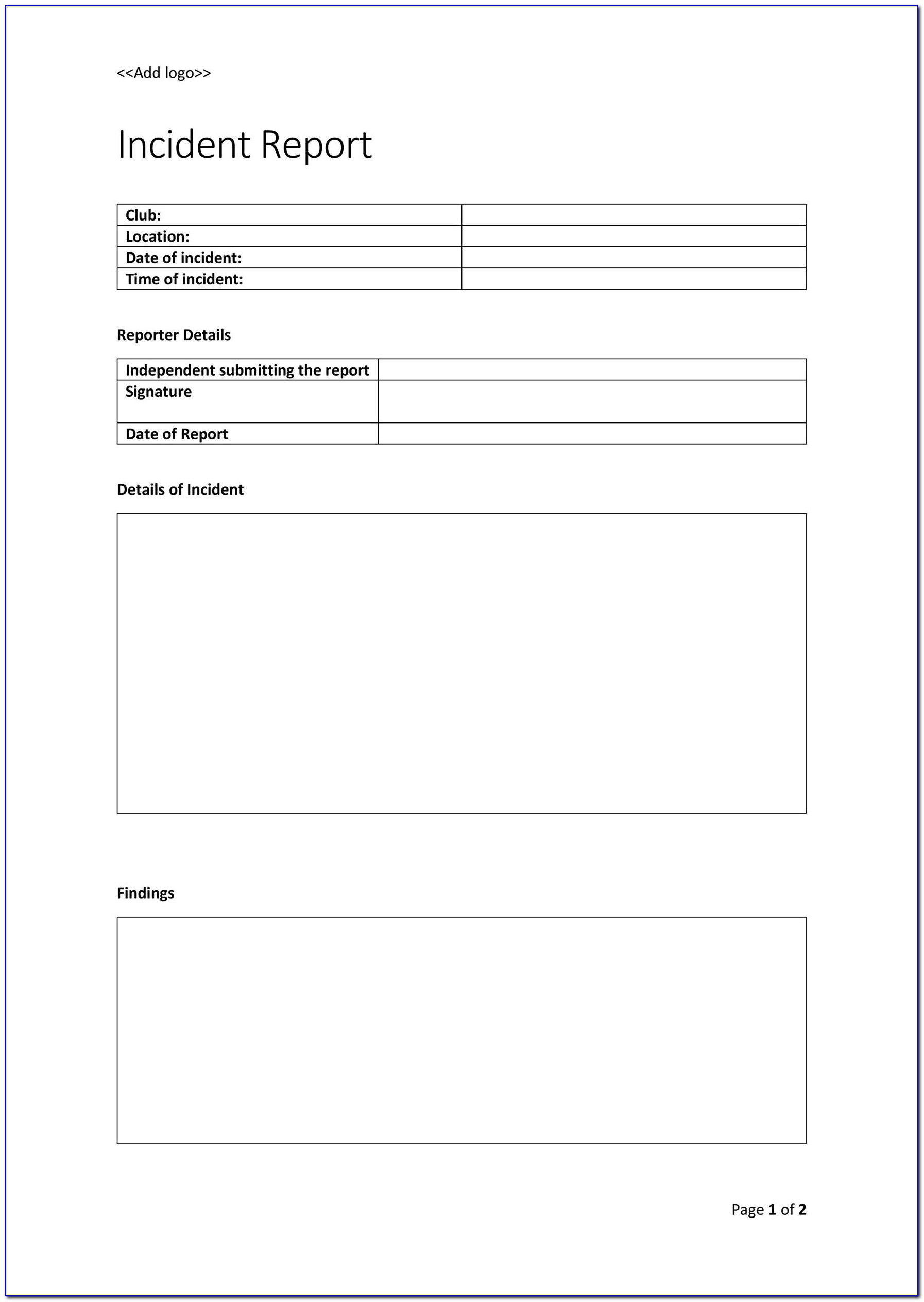 Generic Incident Report Form Template