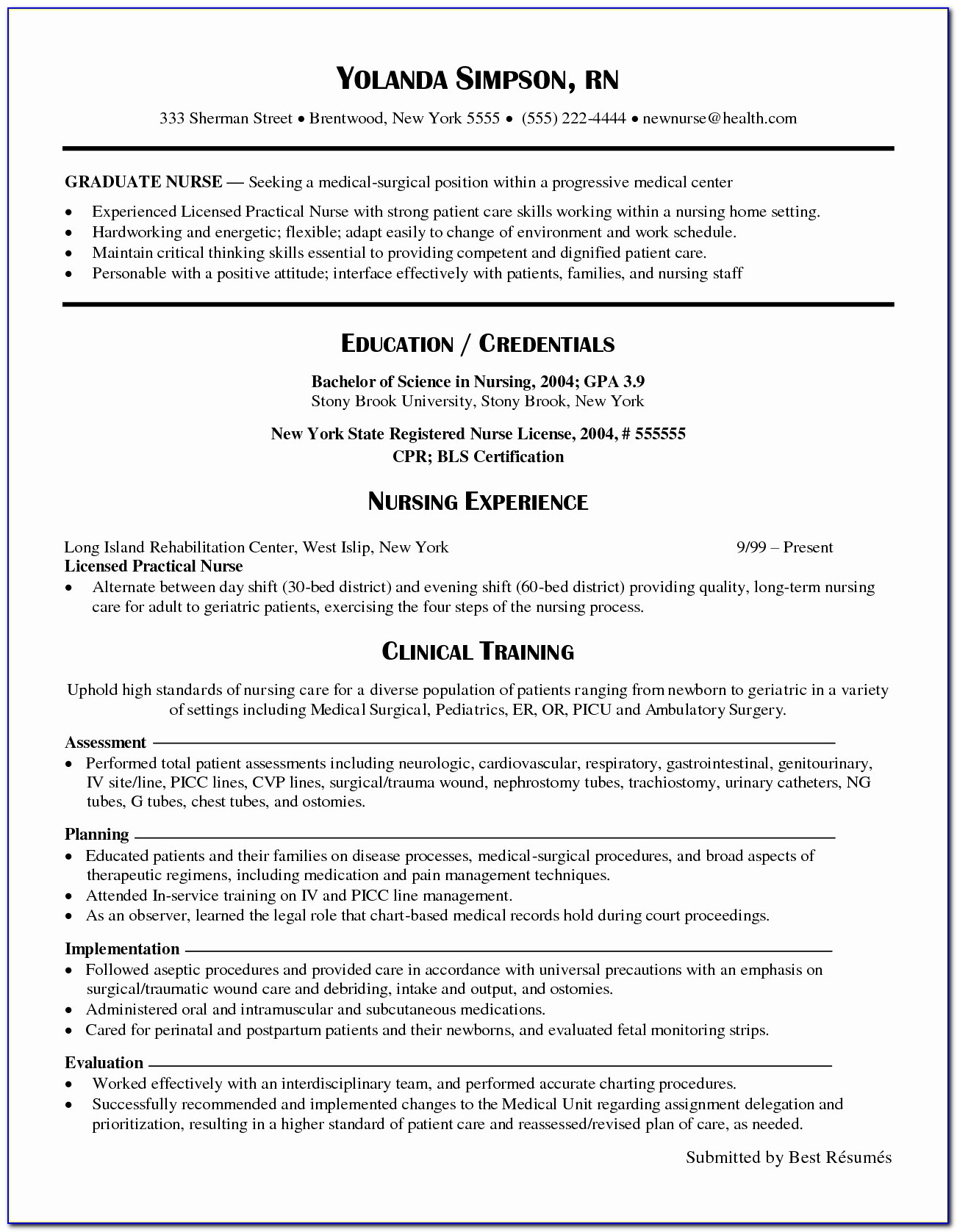 Graduate Registered Nurse Resume Sample