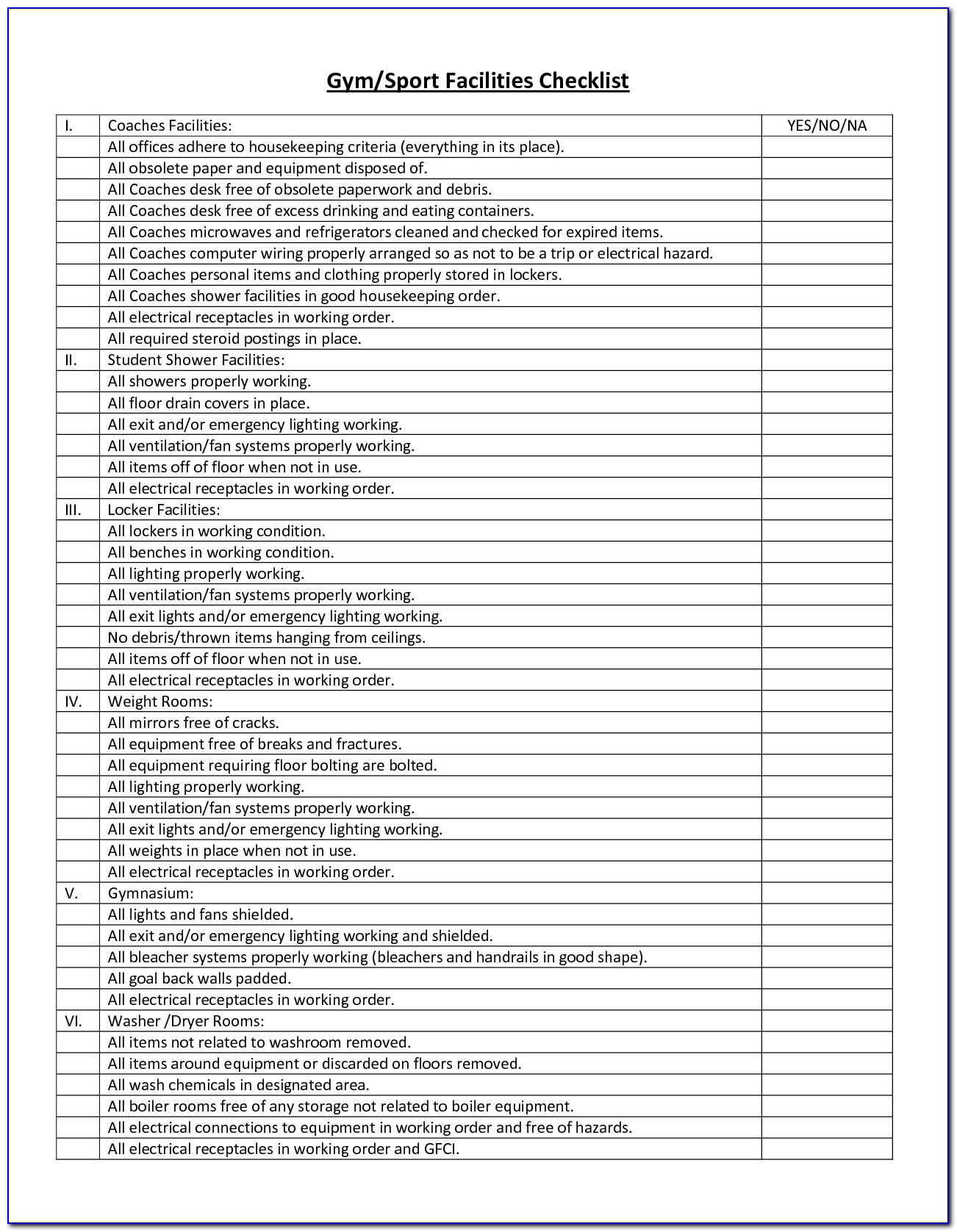 Gym Cleaning Checklist Template