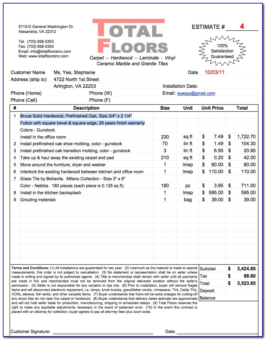 Hardwood Flooring Installation Invoice Template